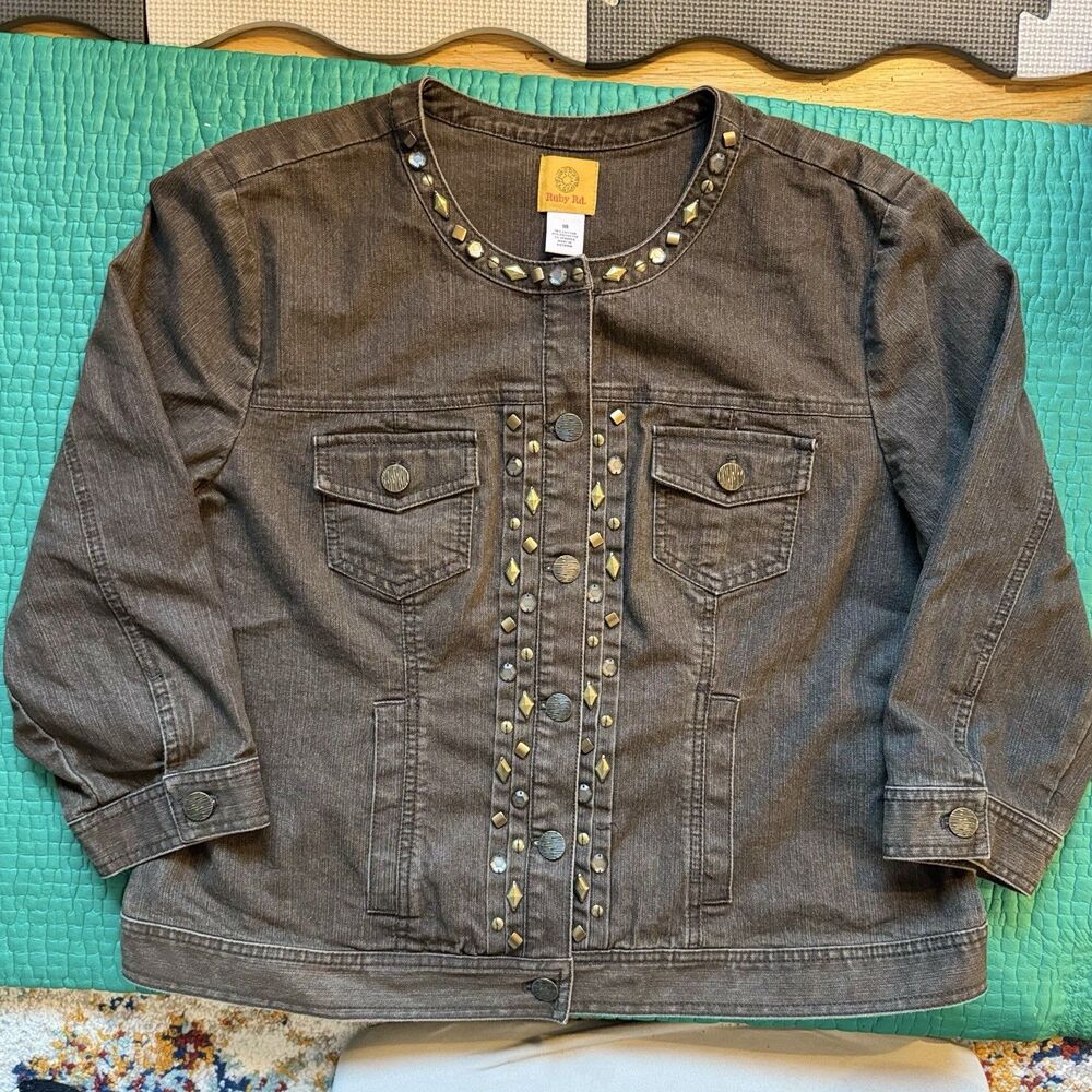 Vintage Ruby Rd Jean Jacket Sz 18 With Embellishments Y2K Grunge Boho Rocker 90s